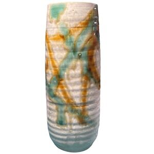 Japanese Stoneware Pottery Ribbed Cylinder Vase Crackle Glaze Amber Green Cream